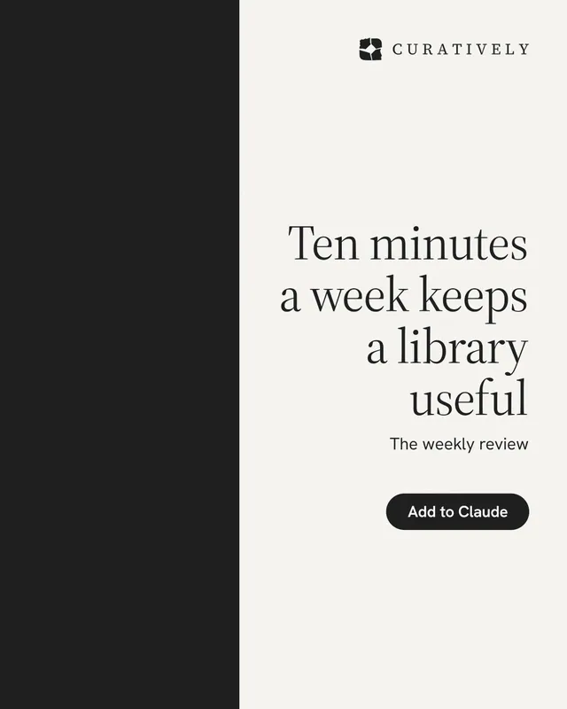 Instagram portrait post for Curatively: "Ten minutes a week keeps a library useful". Data card style, right layout, light palette in white, black.