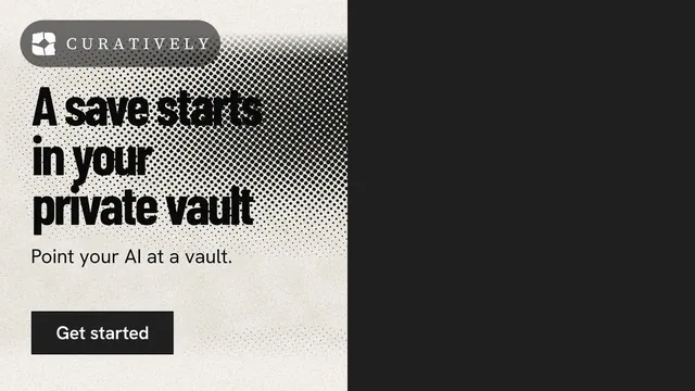 Landscape graphic for Curatively: "A save starts in your private vault". Ink sticker style, bottom layout, dark palette in black, yellow, grey.