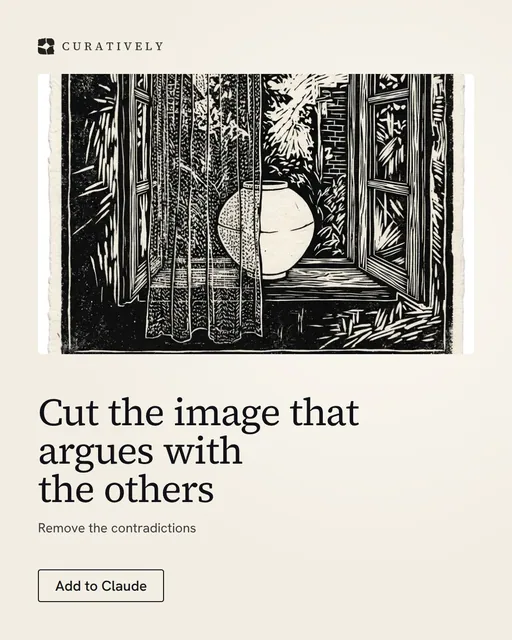 Video for Curatively: "Cut the image that argues with the others". Doc motion loop, 6.0 s, light palette.