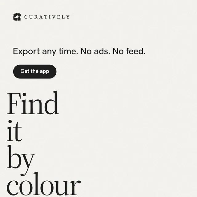Instagram post for Curatively: "Find it by colour." Data card style, oversized layout, light palette in white, grey.