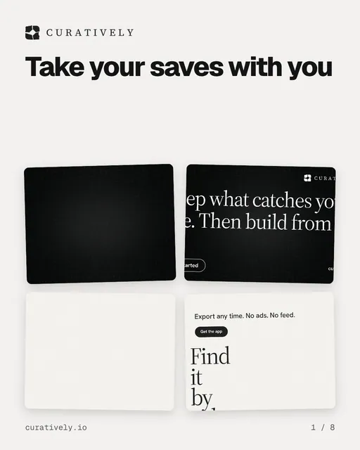 Carousel for Curatively: "Take your saves with you". Collection carousel, 8 slides, light palette.