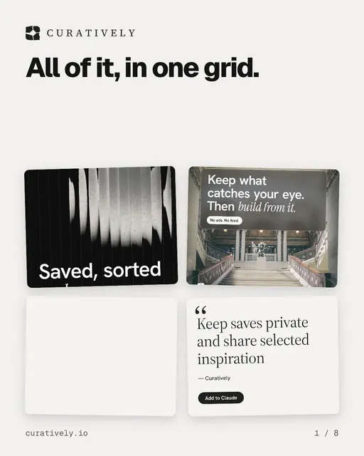 Carousel for Curatively: "All of it, in one grid.". Collection carousel, 8 slides, light palette.