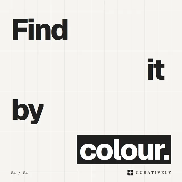 Video for Curatively: "Find it by colour.". Kinetic type grid, 6.0 s, light palette.