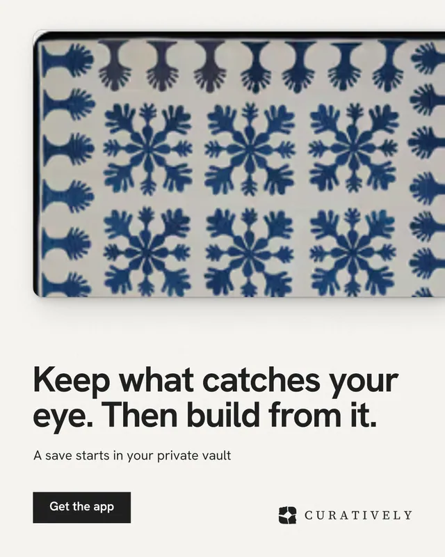 Instagram portrait post for Curatively: "Keep what catches your eye. Then build from it." Swiss style, bottom layout, light palette in white, grey.