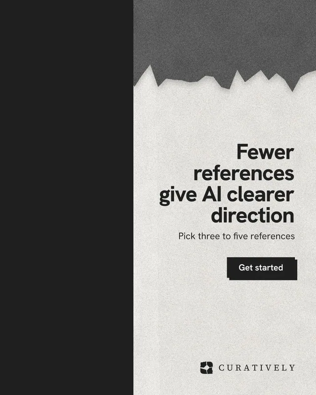 Instagram portrait post for Curatively: "Fewer references give AI clearer direction". Paper trio style, right layout, light palette in black, white, grey.