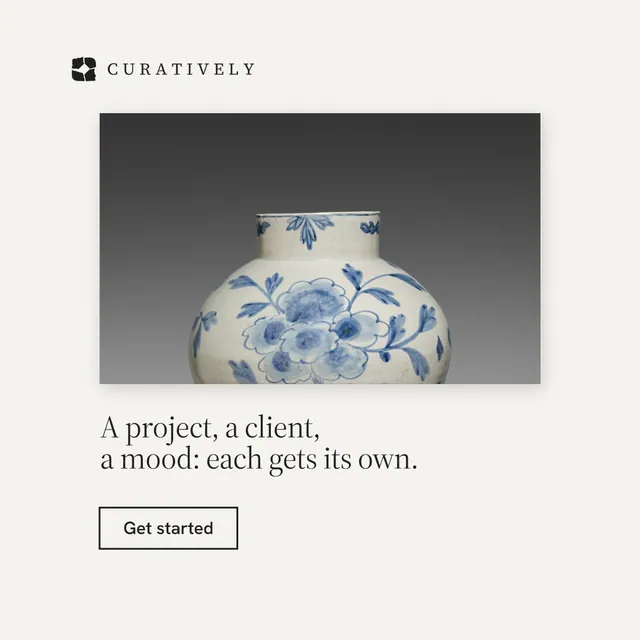 Instagram post for Curatively: "A project, a client, a mood: each gets its own." Editorial style, bottom layout, light palette in white, grey.