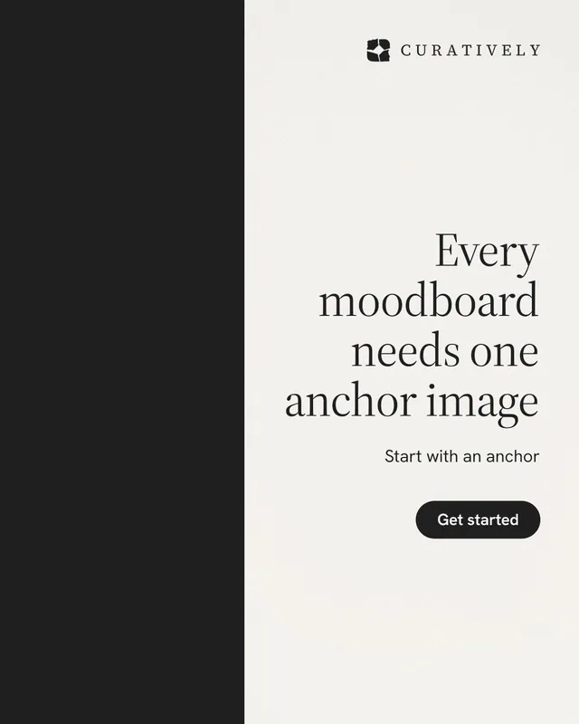 Instagram portrait post for Curatively: "Every moodboard needs one anchor image". Data card style, right layout, light palette in white, black.