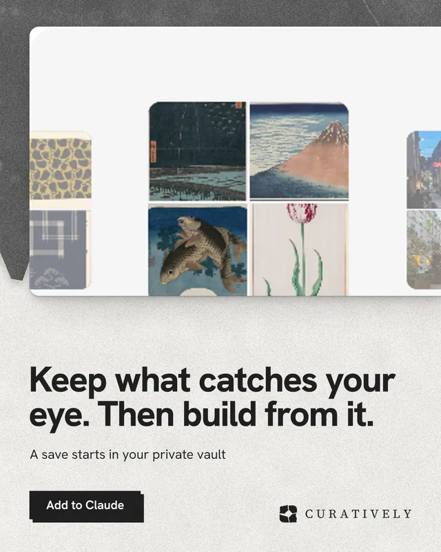 Instagram portrait post for Curatively: "Keep what catches your eye. Then build from it." Paper trio style, bottom layout, light palette in white, grey.