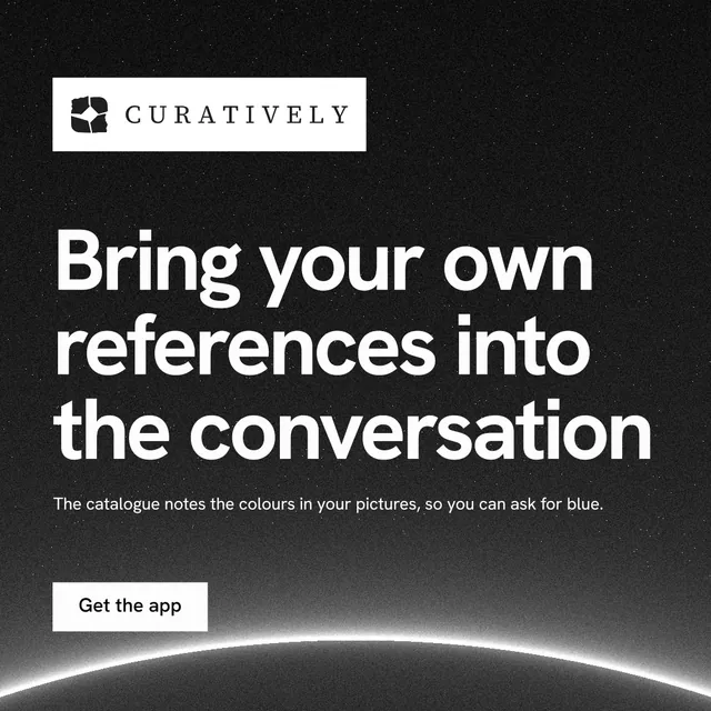 Instagram post for Curatively: "Bring your own references into the conversation". Swiss style, announce layout, dark palette in black, grey.