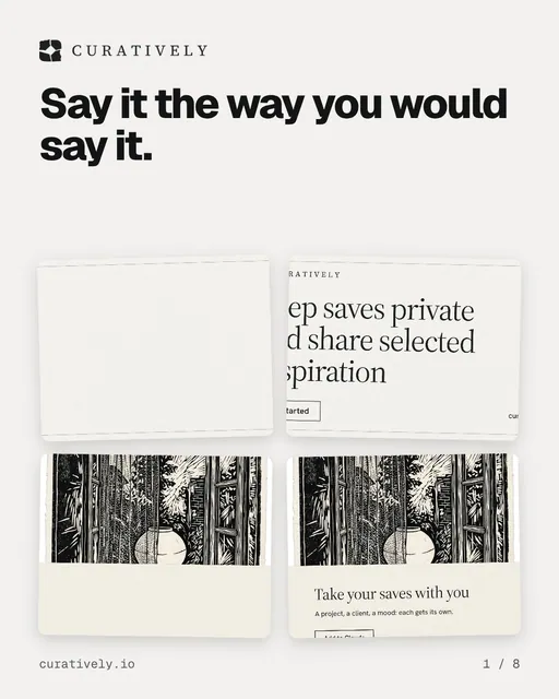 Carousel for Curatively: "Say it the way you would say it.". Collection carousel, 8 slides, light palette.