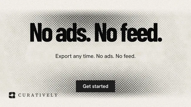 Landscape graphic for Curatively: "No ads. No feed." Ink sticker style, centred layout, light palette in white, grey, yellow.