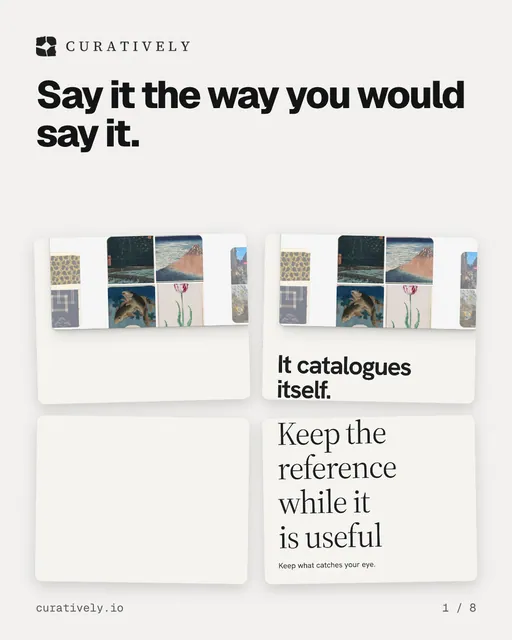 Carousel for Curatively: "Say it the way you would say it.". Collection carousel, 8 slides, light palette.