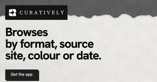 Social ad for Curatively: "Browses by format, source site, colour or date." Paper trio style, announce layout, light palette in grey, white.