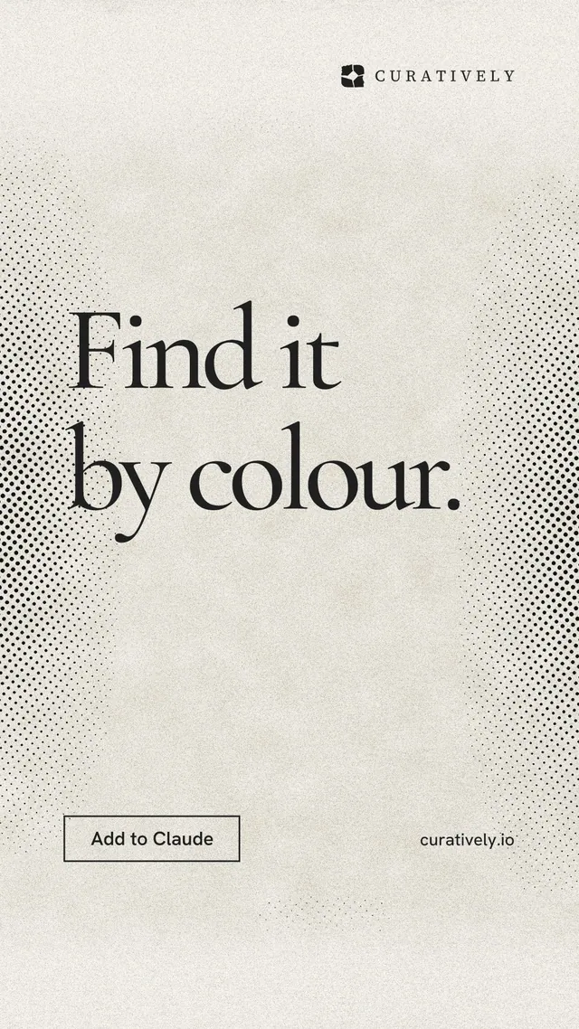 Instagram story for Curatively: "Find it by colour." Editorial style, poster layout, light palette in white, yellow, grey.