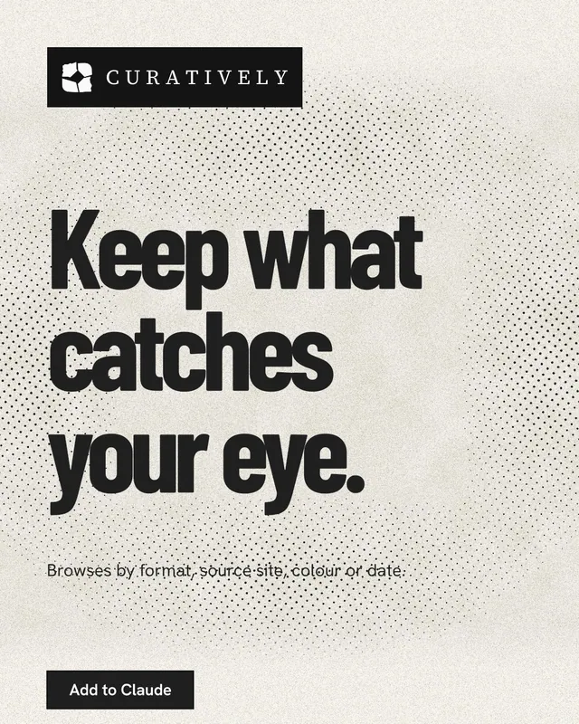 Instagram portrait post for Curatively: "Keep what catches your eye." Ink sticker style, announce layout, light palette in white, grey, yellow.