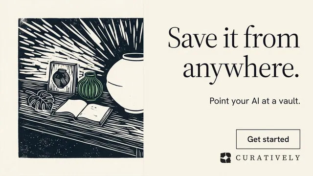 Landscape graphic for Curatively: "Save it from anywhere." Editorial style, right layout, light palette in white, grey.