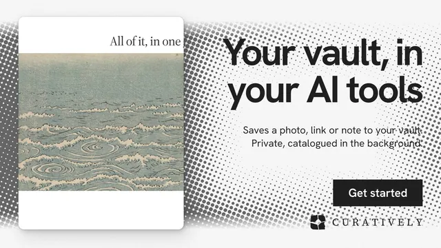 Landscape graphic for Curatively: "Your vault, in your AI tools". Swiss style, right layout, light palette in grey, white.