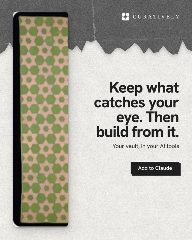 Instagram portrait post for Curatively: "Keep what catches your eye. Then build from it." Paper trio style, right layout, light palette in white, grey.