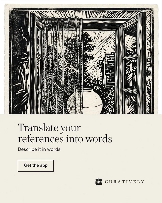 Instagram portrait post for Curatively: "Translate your references into words". Editorial style, bottom layout, light palette in yellow, black, grey.