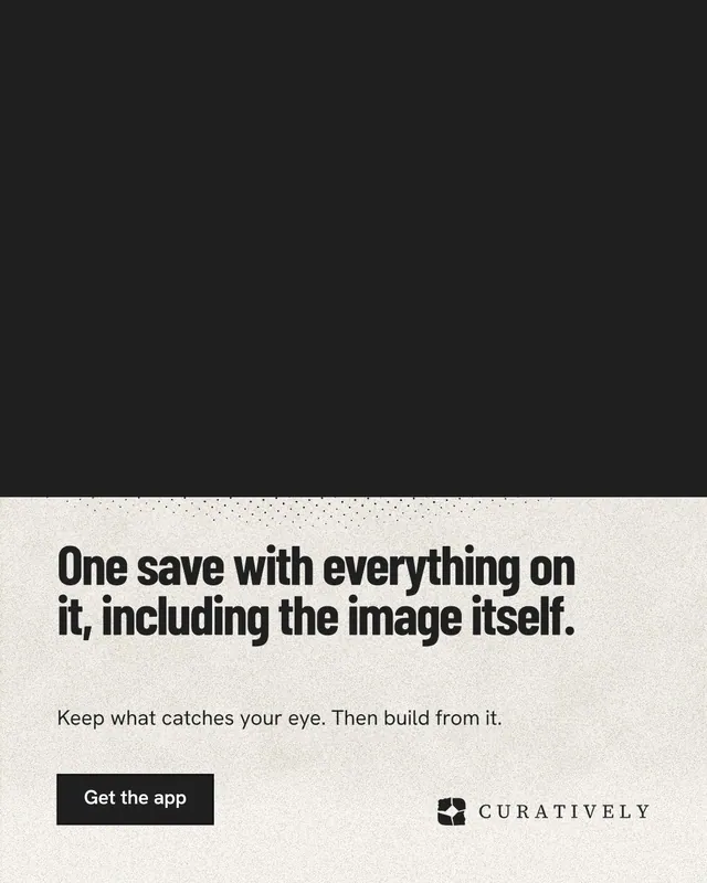 Instagram portrait post for Curatively: "One save with everything on it, including the image itself." Ink sticker style, bottom layout, dark palette in black, yellow, white.