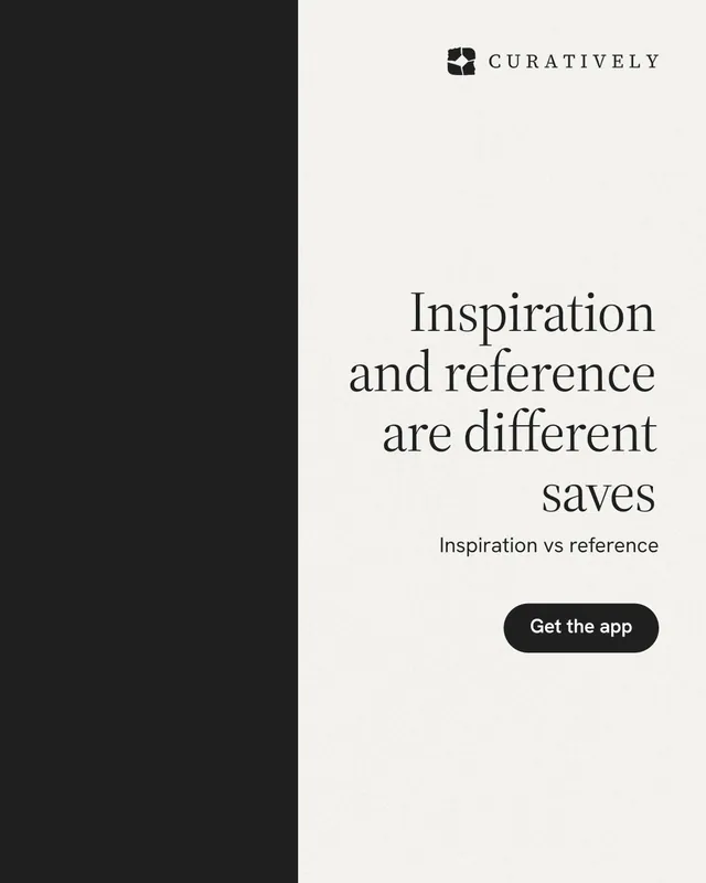 Instagram portrait post for Curatively: "Inspiration and reference are different saves". Data card style, right layout, light palette in white, black.