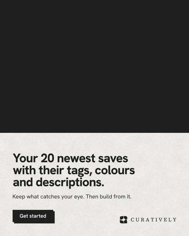 Instagram portrait post for Curatively: "Your 20 newest saves with their tags, colours and descriptions." Paper trio style, bottom layout, light palette in black, white, grey.