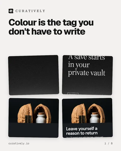 Carousel for Curatively: "Colour is the tag you don't have to write". Collection carousel, 8 slides, light palette.