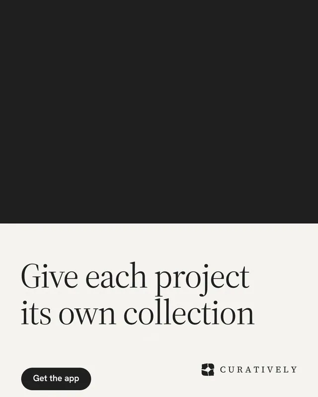 Instagram portrait post for Curatively: "Give each project its own collection". Data card style, bottom layout, light palette in black, white.