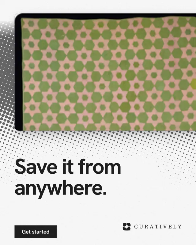 Instagram portrait post for Curatively: "Save it from anywhere." Swiss style, bottom layout, light palette in white, yellow, grey.