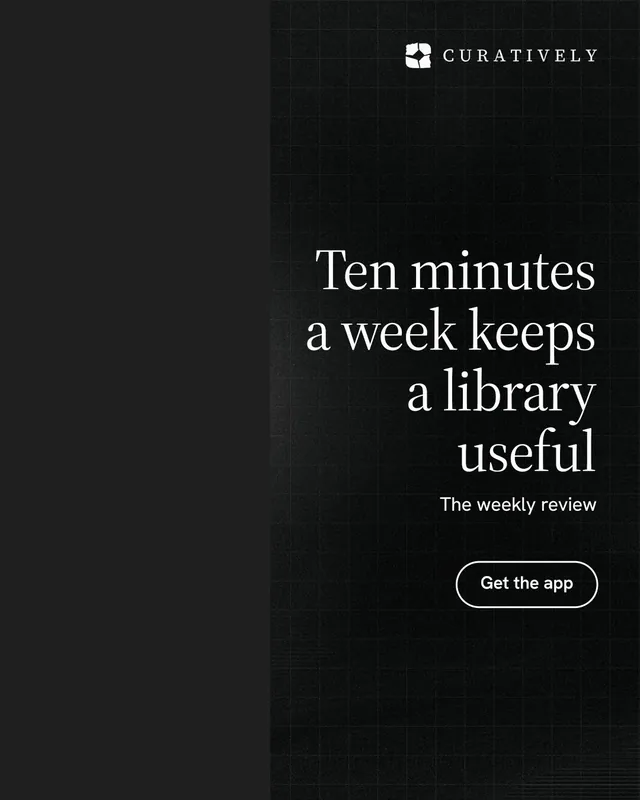 Instagram portrait post for Curatively: "Ten minutes a week keeps a library useful". Phosphor atlas style, right layout, dark palette in black.