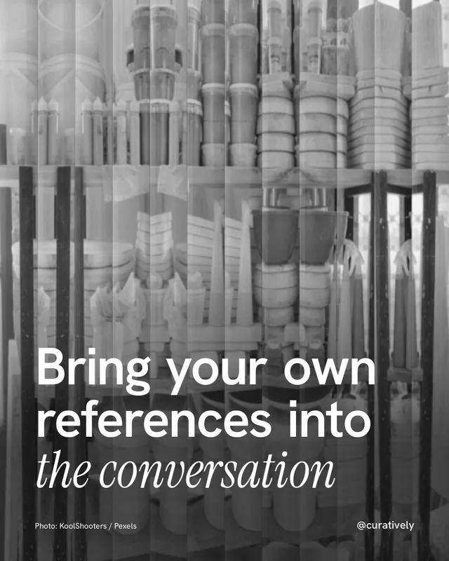 Instagram portrait post for Curatively: "Bring your own references into the conversation". Photo style, technique:fluted glass layout, light palette in black, grey.