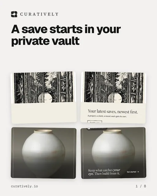 Carousel for Curatively: "A save starts in your private vault". Collection carousel, 8 slides, light palette.