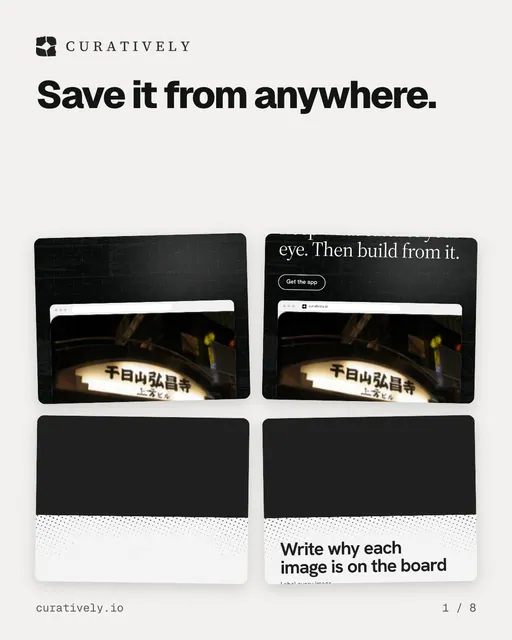 Carousel for Curatively: "Save it from anywhere.". Collection carousel, 8 slides, light palette.