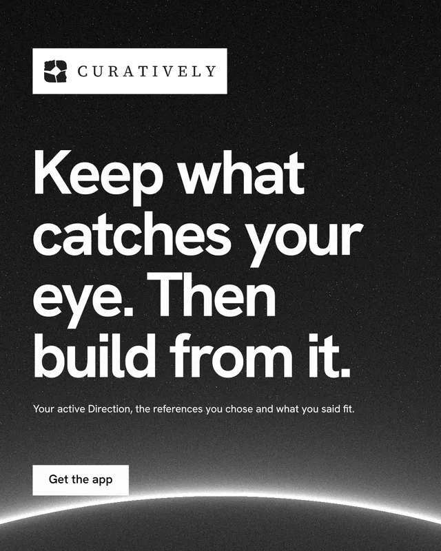 Instagram portrait post for Curatively: "Keep what catches your eye. Then build from it." Swiss style, announce layout, dark palette in black, grey.