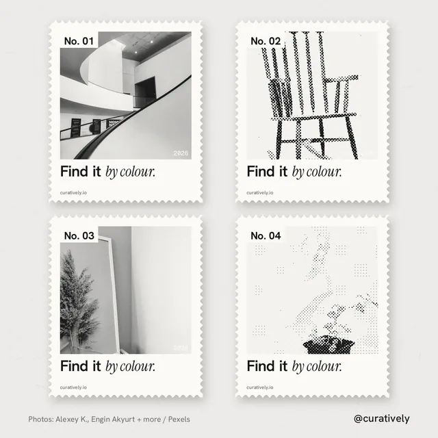 Instagram post for Curatively: "Find it by colour." Sheet style, technique:stamp series layout, light palette in white, grey.