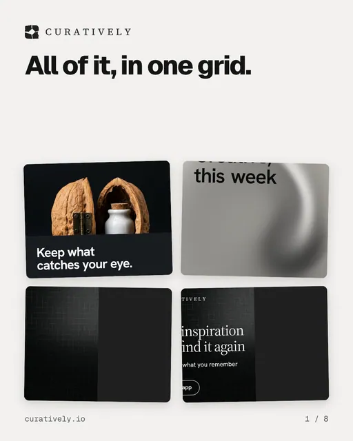 Carousel for Curatively: "All of it, in one grid.". Collection carousel, 8 slides, light palette.