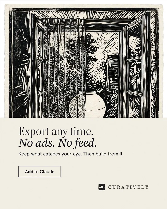 Instagram portrait post for Curatively: "Export any time. No ads. No feed." Editorial style, bottom layout, light palette in yellow, black, grey.