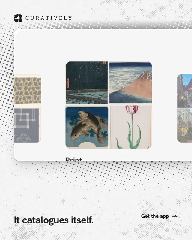 Instagram portrait post for Curatively: "It catalogues itself." Swiss style, image led layout, light palette in white, grey.