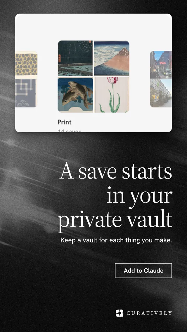 Instagram story for Curatively: "A save starts in your private vault". Dark deco style, right layout, dark palette in black, grey, white.