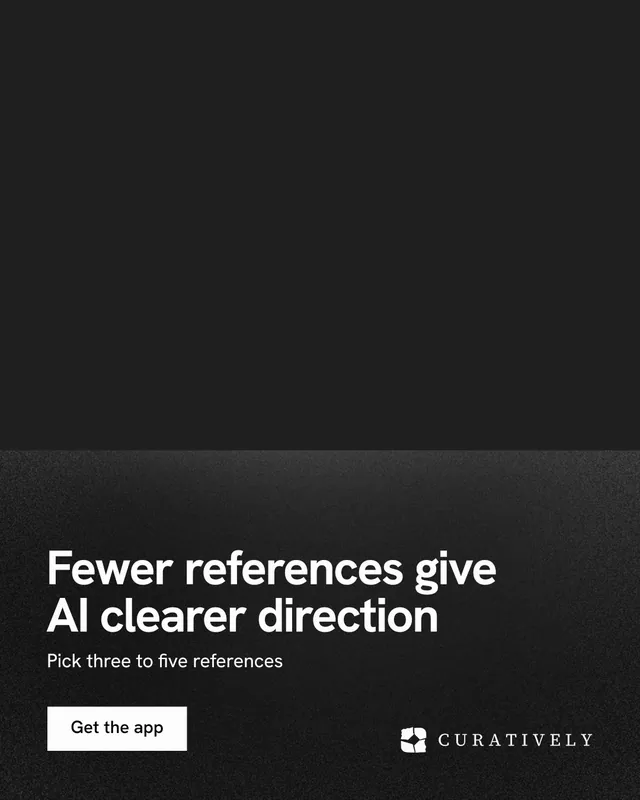 Instagram portrait post for Curatively: "Fewer references give AI clearer direction". Swiss style, bottom layout, dark palette in black, grey.