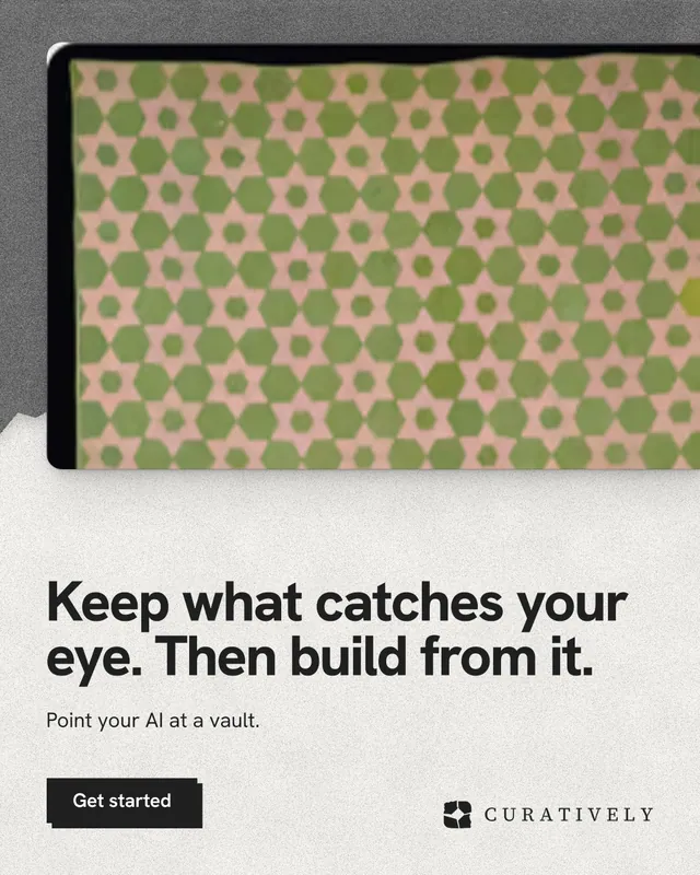 Instagram portrait post for Curatively: "Keep what catches your eye. Then build from it." Paper trio style, bottom layout, light palette in yellow, white, grey.