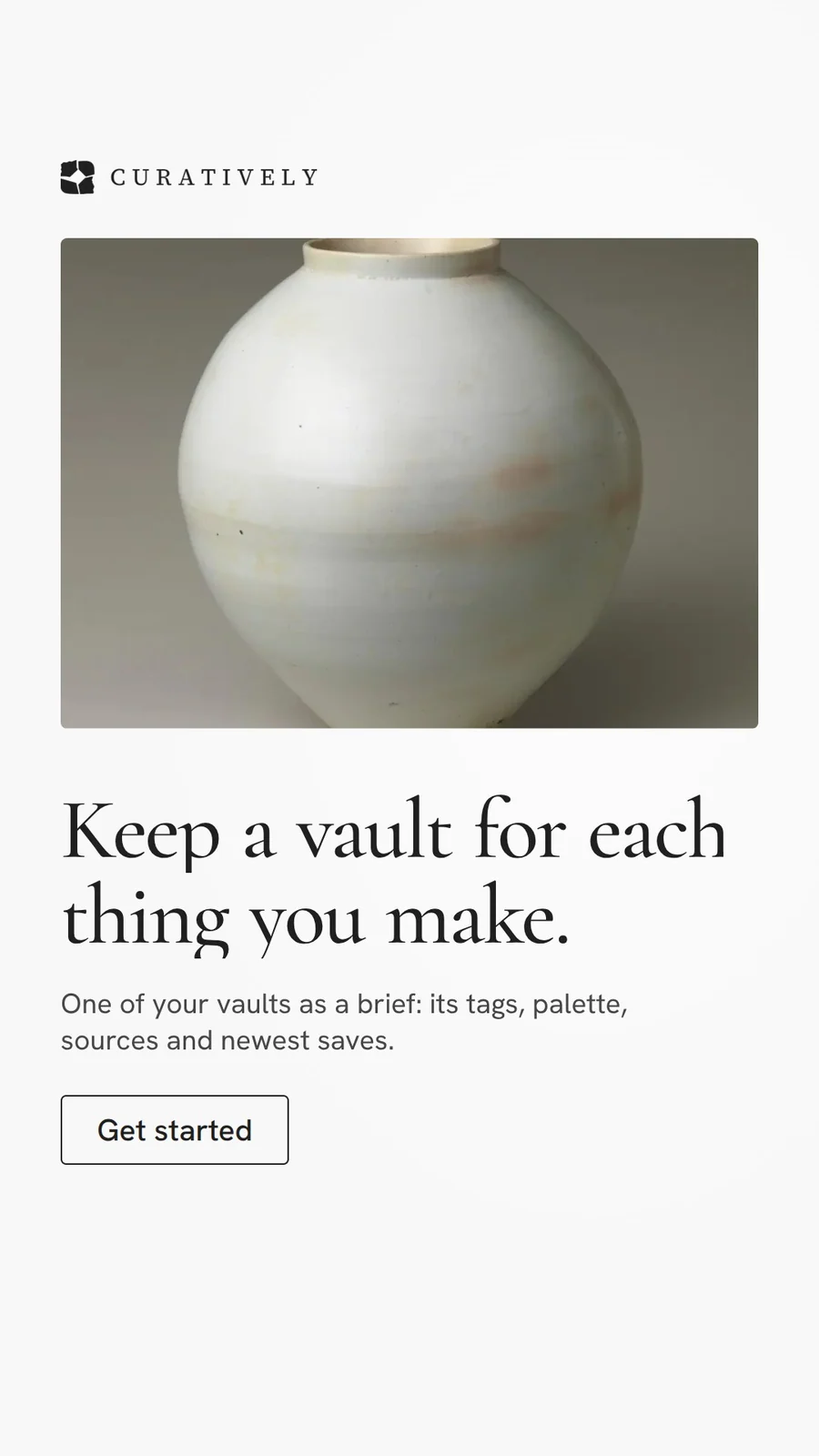Video for Curatively: "Keep a vault for each thing you make.". Doc motion loop, 8.0 s, light palette.