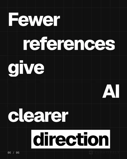 Video for Curatively: "Fewer references give AI clearer direction". Kinetic type grid, 6.0 s, dark palette.
