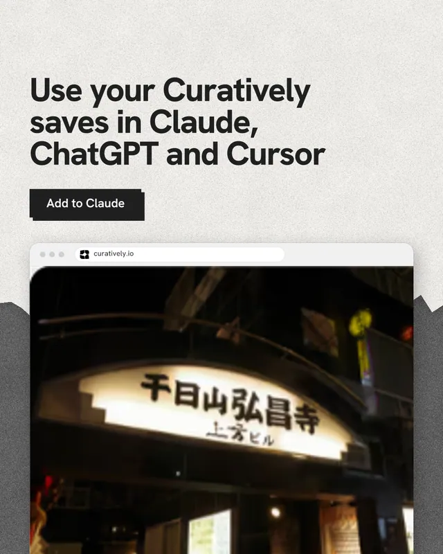 Instagram portrait post for Curatively: "Use your Curatively saves in Claude, ChatGPT and Cursor". Paper trio style, browser layout, light palette in black, white, grey.