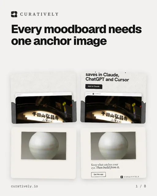 Carousel for Curatively: "Every moodboard needs one anchor image". Collection carousel, 8 slides, light palette.