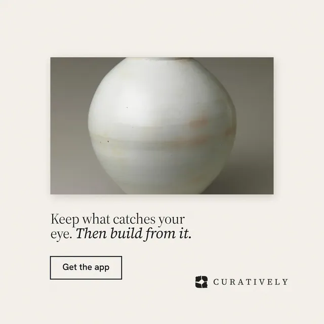 Instagram post for Curatively: "Keep what catches your eye. Then build from it." Editorial style, bottom layout, light palette in white, grey.