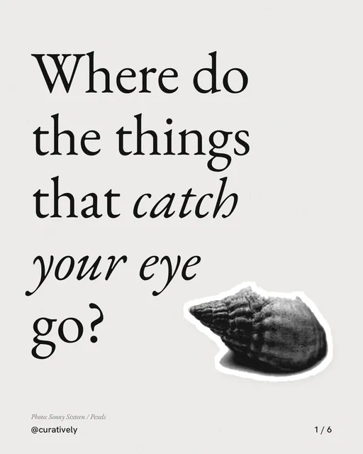 Carousel for Curatively: "Where do the things that catch your eye go?". Cutout essay, 6 slides, light palette.