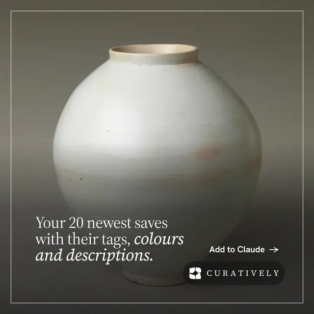Instagram post for Curatively: "Your 20 newest saves with their tags, colours and descriptions." Editorial style, image led layout, dark palette in grey, black, white.