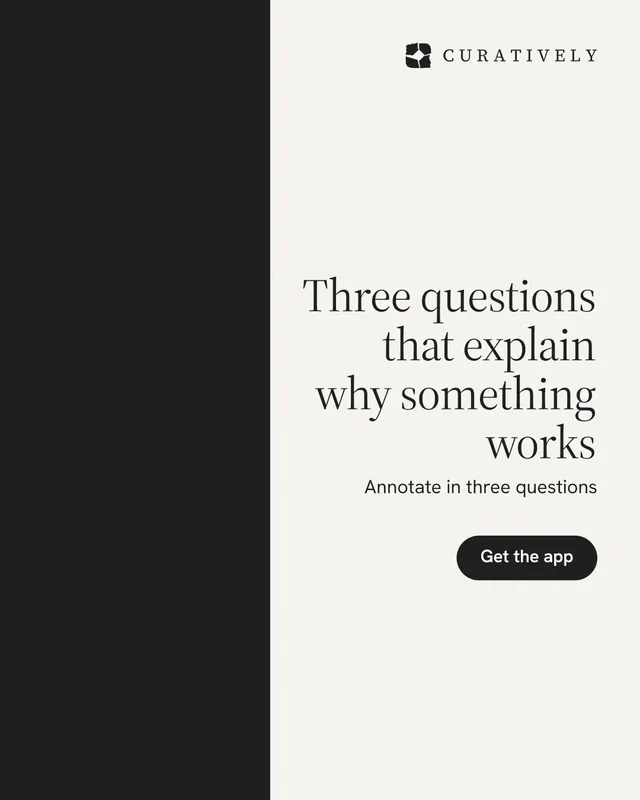 Instagram portrait post for Curatively: "Three questions that explain why something works". Data card style, right layout, light palette in white, black.