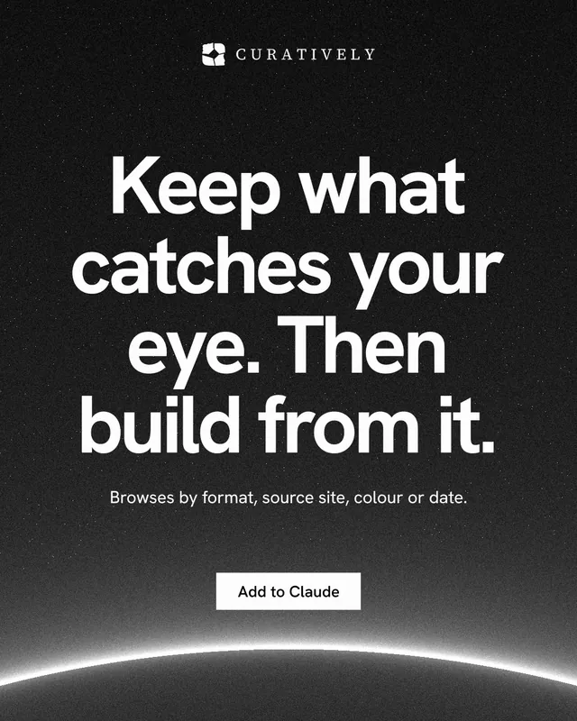 Instagram portrait post for Curatively: "Keep what catches your eye. Then build from it." Swiss style, centred layout, dark palette in black, grey.